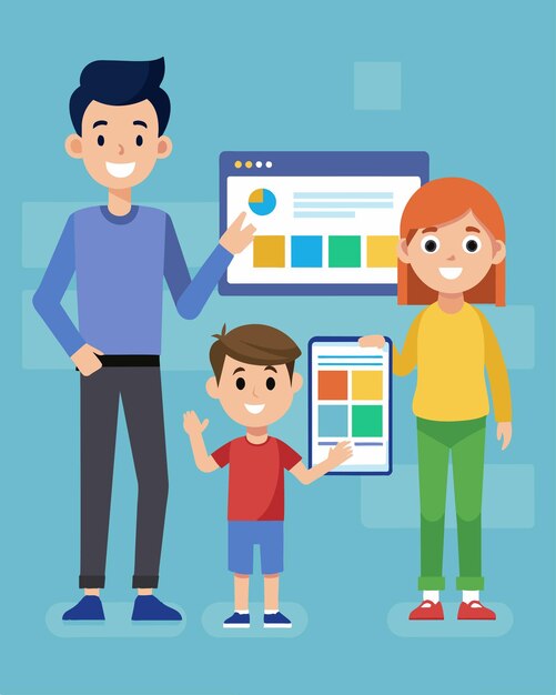 About young boy excitedly showing his parents how he designed responsive website using media queries 216520 181877